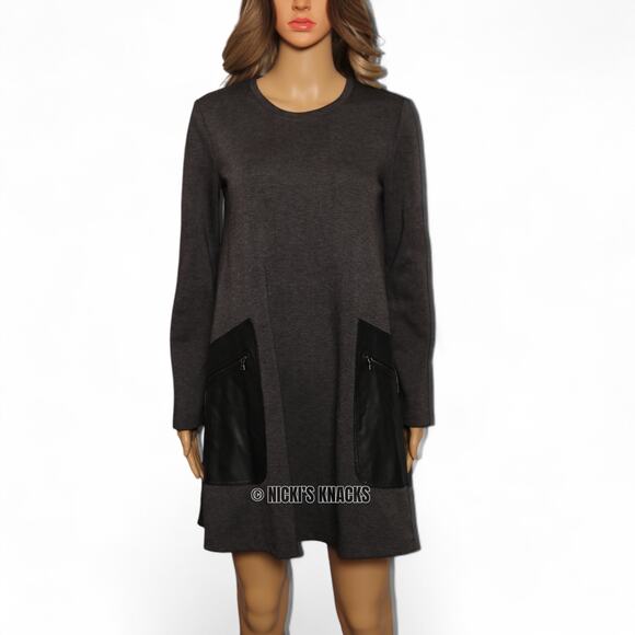 BCBGMaxazria Ponte Knit Mini Dress Faux Leather Trim Gray Long Sleeve Size XS - Picture 2 of 9